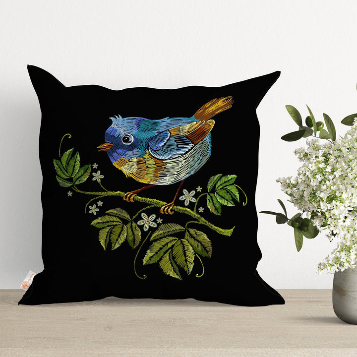 Embroidery Art Looking Bird Print Pillow Cover|Summer Cushion Case|Sofa Throw Pillow|Farmhouse Pillowtop|Boho Bedding Decor|Outdoor Cushion