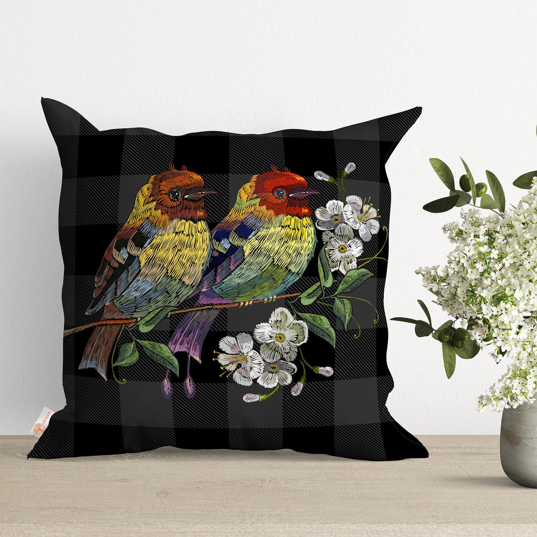 Embroidery Art Looking Bird Print Pillow Cover|Summer Cushion Case|Sofa Throw Pillow|Farmhouse Pillowtop|Boho Bedding Decor|Outdoor Cushion