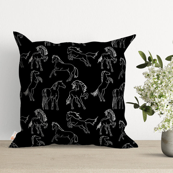 Horse Print Pillow Cover|Floral Horse Illustration Cushion Case|Decorative Throw Pillowtop|Animal Print Home Decor|Farmhouse Style Gift