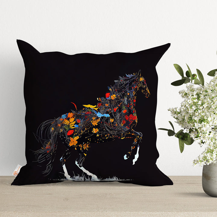 Horse Print Pillow Cover|Floral Horse Illustration Cushion Case|Decorative Throw Pillowtop|Animal Print Home Decor|Farmhouse Style Gift