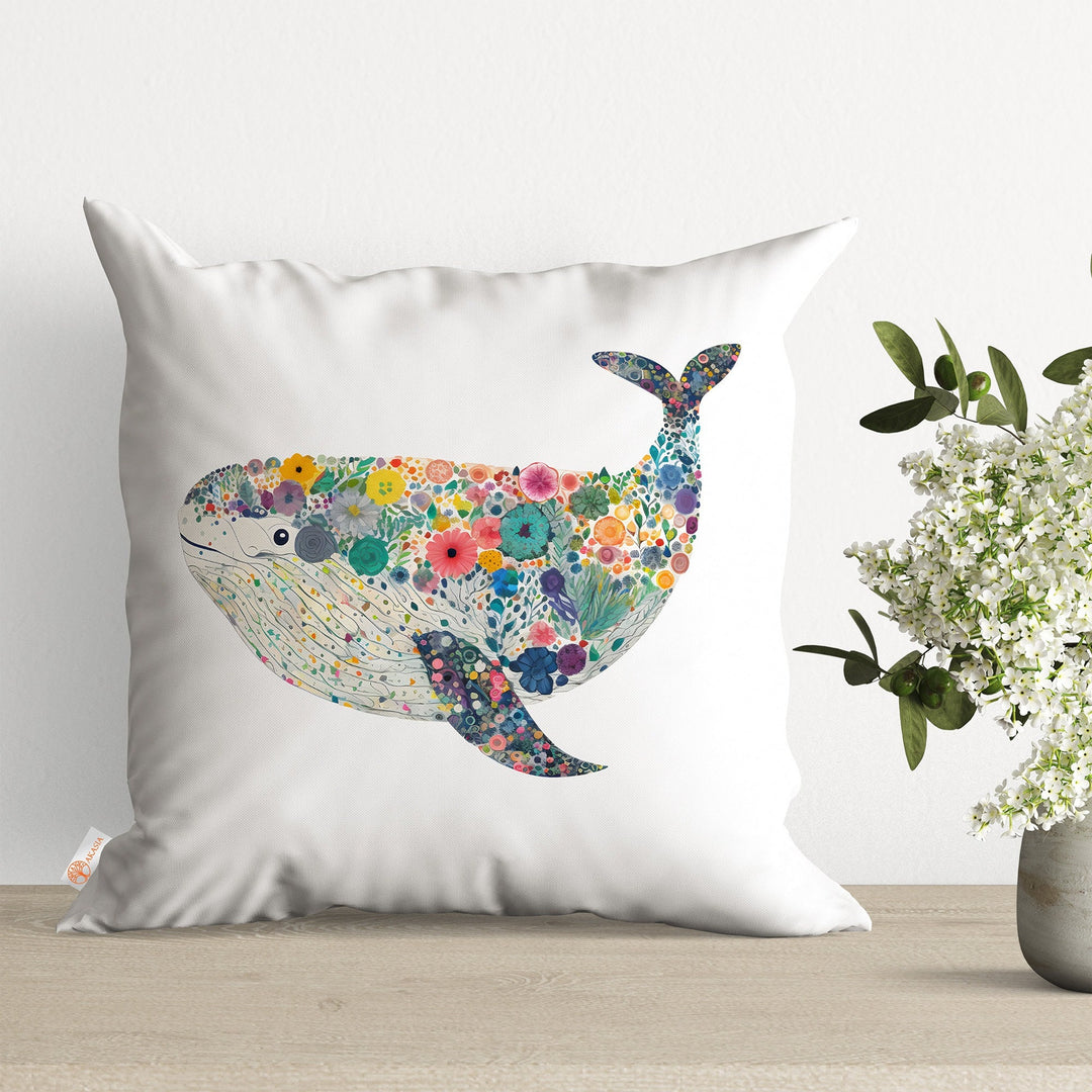 Whale Cushion Case|Floral Pillow Cover|Navy Marine Home Decor|Nautical Throw Pillow Case|Coastal Cushion Cover|Cozy Outdoor Pillowcase