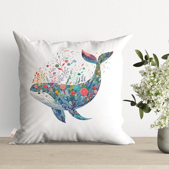 Whale Cushion Case|Floral Pillow Cover|Navy Marine Home Decor|Nautical Throw Pillow Case|Coastal Cushion Cover|Cozy Outdoor Pillowcase