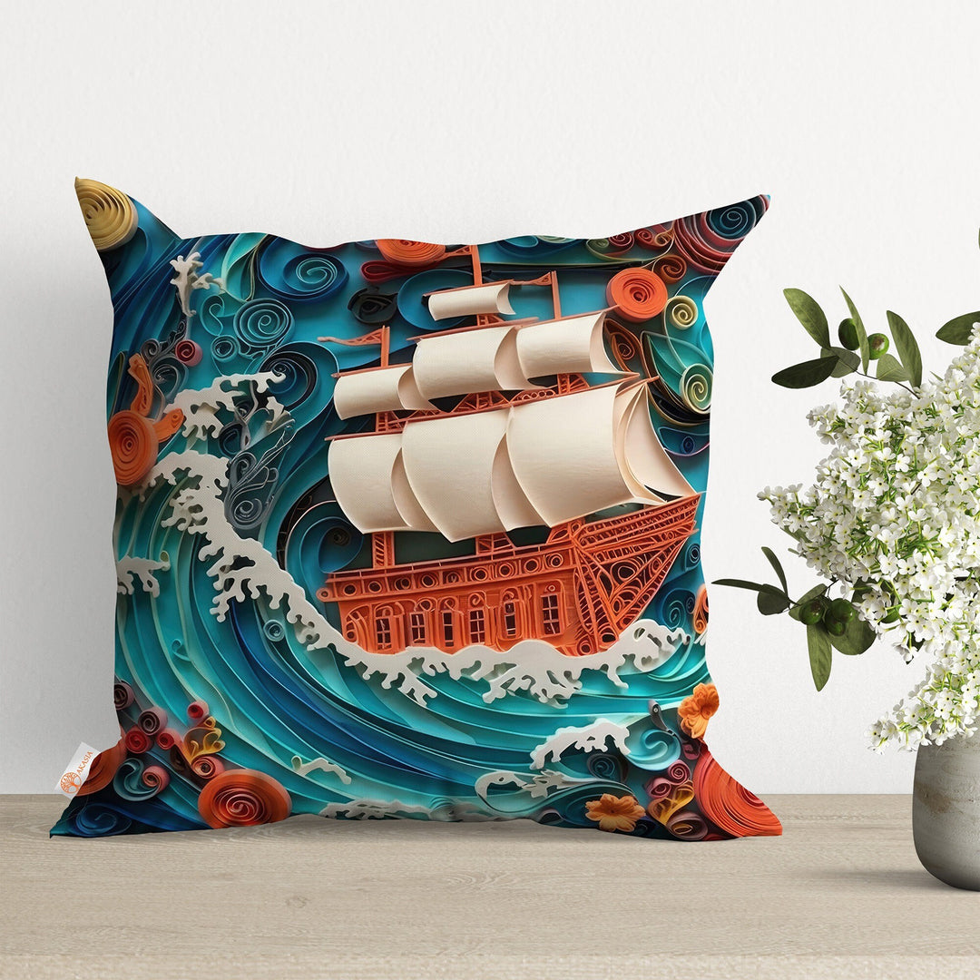 Sailing Ship Cushion Case|Nautical Pillow Cover|Coastal Home Decor|Starfish Throw Pillow Case|Navy Marine Cushion|Sea Wave Outdoor Pillow