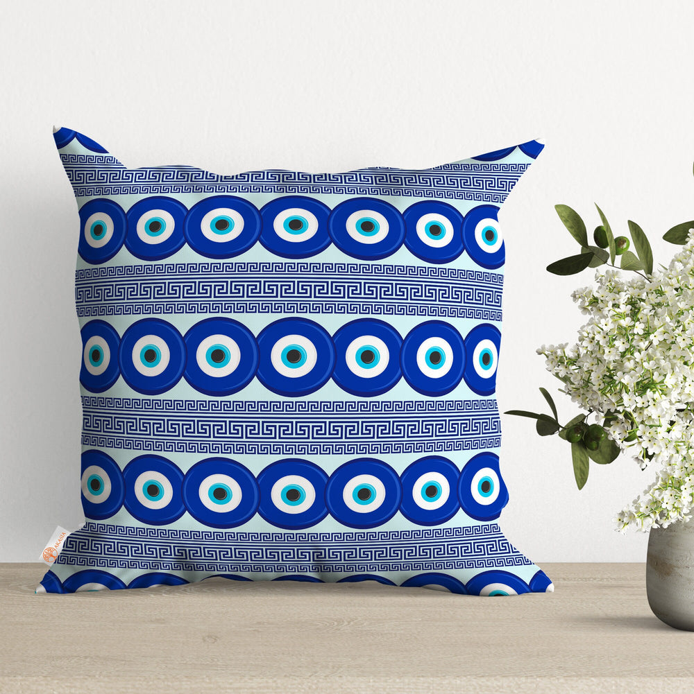 Good Luck Throw Pillow Case|One Eye Pillowcase|Turkish Greek Evil Eye Cushion Cover|Geometric Pillowtop|Cozy Home Decor|Greek Key Cushion