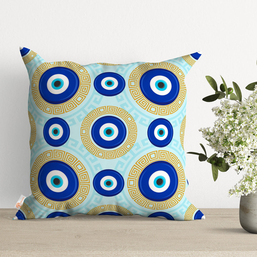 Good Luck Throw Pillow Case|One Eye Pillowcase|Turkish Greek Evil Eye Cushion Cover|Geometric Pillowtop|Cozy Home Decor|Greek Key Cushion