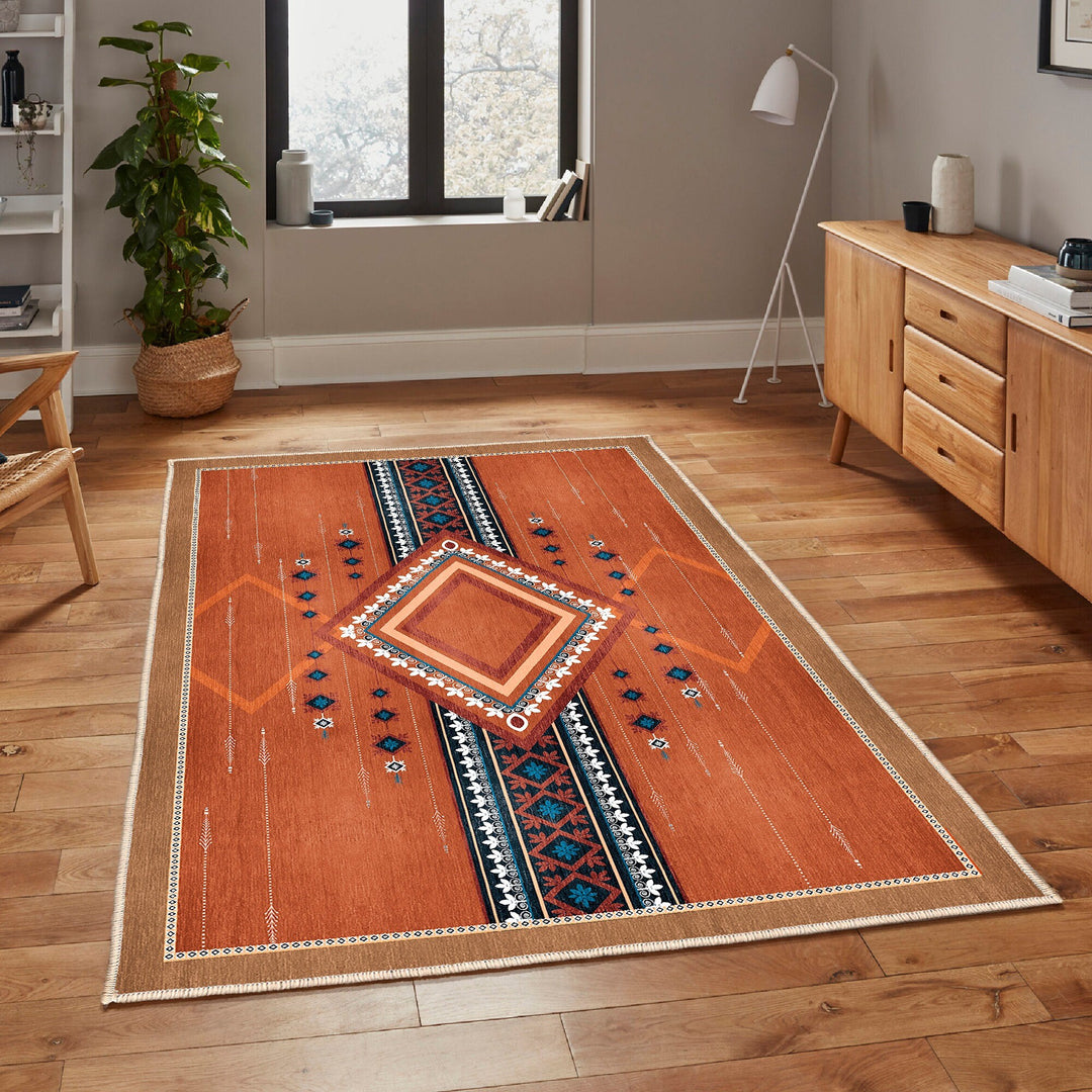 Kilim Pattern Rug|Southwestern Carpet|Terracotta Non-Slip Carpet|Aztec Machine-Washable Rug|Ethnic Print Rug|Rug Design Floor Covering