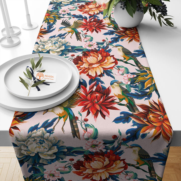 Floral Bird Table Runner|Tropical Tablecloth|Flower Home Decor|Housewarming Rectangle Runner|Farmhouse Style Decorative Floral Tabletop