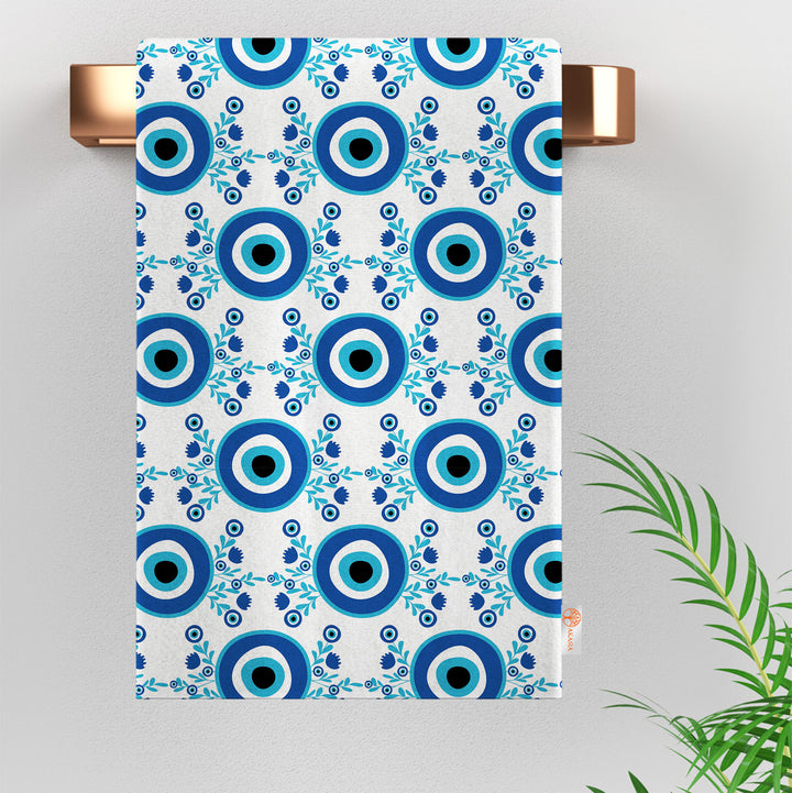 Good Luck Tea Towel|Geometric Dish Cloth|Nazar Print Dishcloth|Boho Cleaning Cloth|Ethnic Hand Towel|Turkish Greek Evil Eye Kitchen Towel