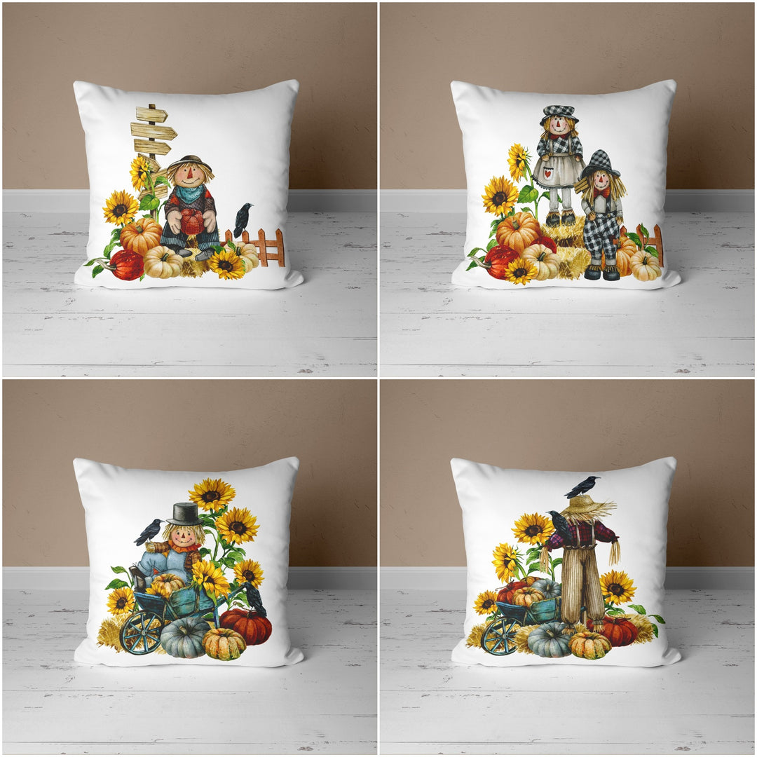 Autumn Cushion Case with Pumpkin, Sunflower and Scarecrows - UHD001