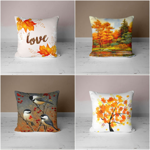 Fall Cushion Case with Orange Leaves and Birds - UHD003 t