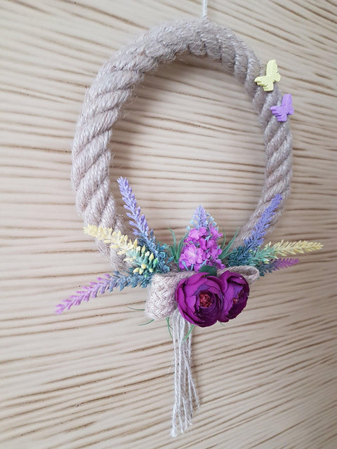 Purple Peony Jute Rope Welcome Wreath for Front Door with Lavender|Year round Door Floral Hanger|Housewarming Gift for Friend with Butterfly