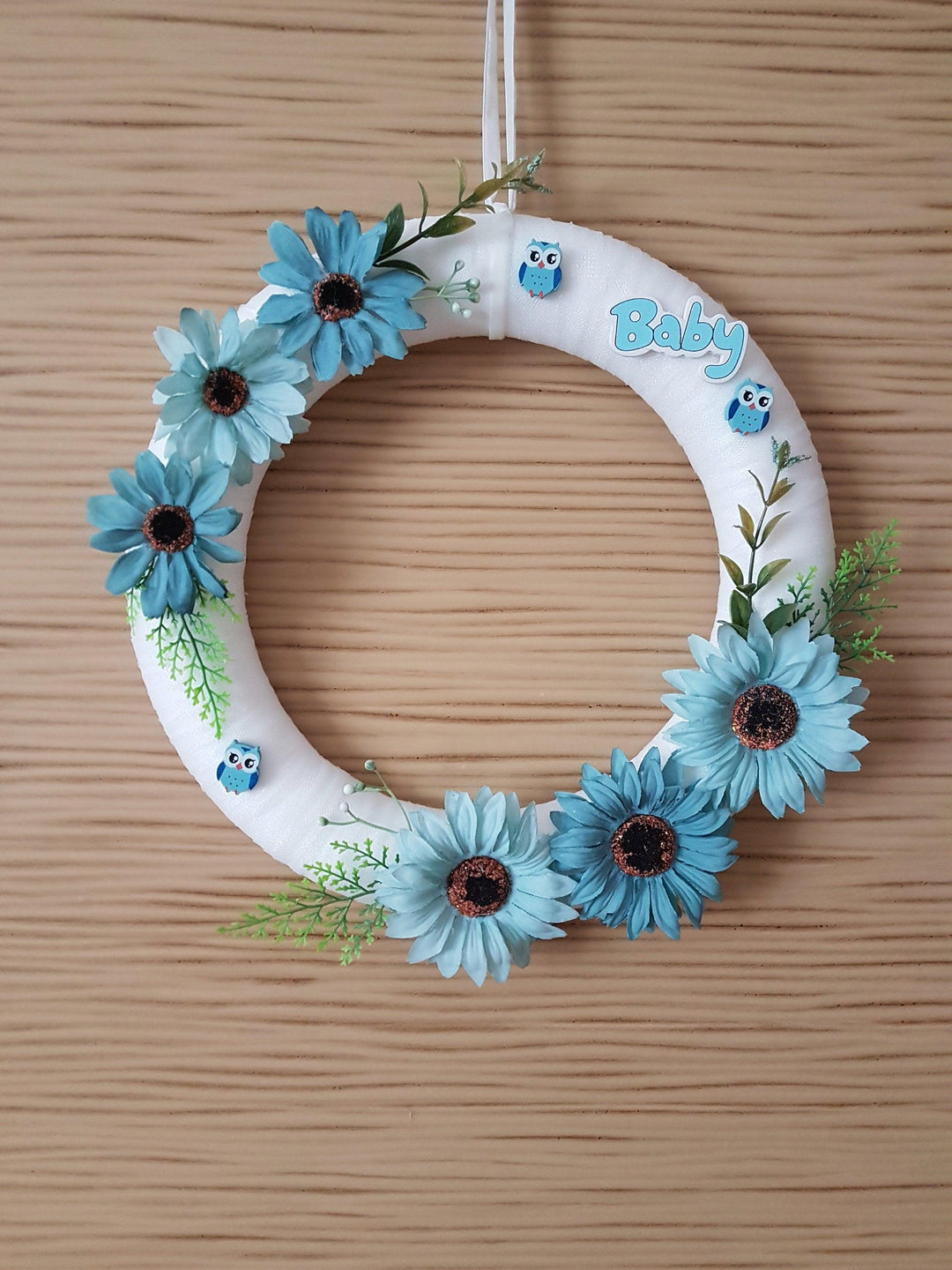 Blue Daisy Baby Wreath for Front Door Year Round with Owls|Daisy Round Door Sign|Gift For Boy|Unique Hospital Gift For Him|Funny Wreath