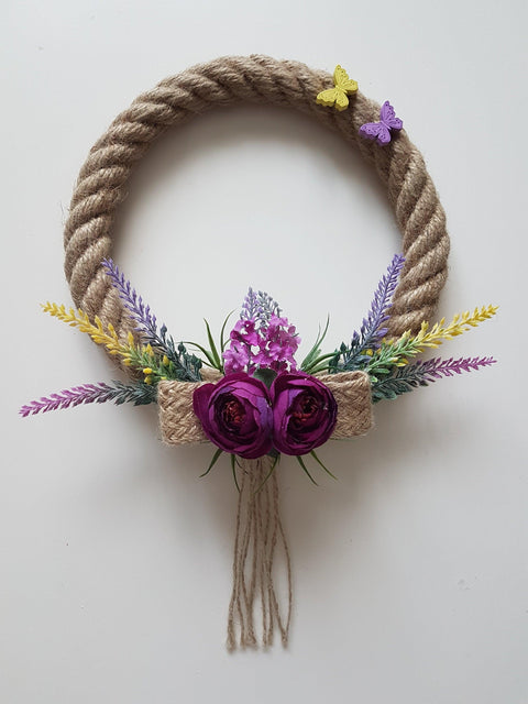 Purple Peony Jute Rope Welcome Wreath for Front Door with Lavender|Year round Door Floral Hanger|Housewarming Gift for Friend with Butterfly