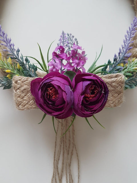 Purple Peony Jute Rope Welcome Wreath for Front Door with Lavender|Year round Door Floral Hanger|Housewarming Gift for Friend with Butterfly