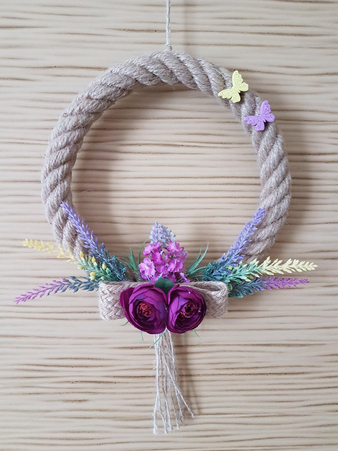 Purple Peony Jute Rope Welcome Wreath for Front Door with Lavender|Year round Door Floral Hanger|Housewarming Gift for Friend with Butterfly