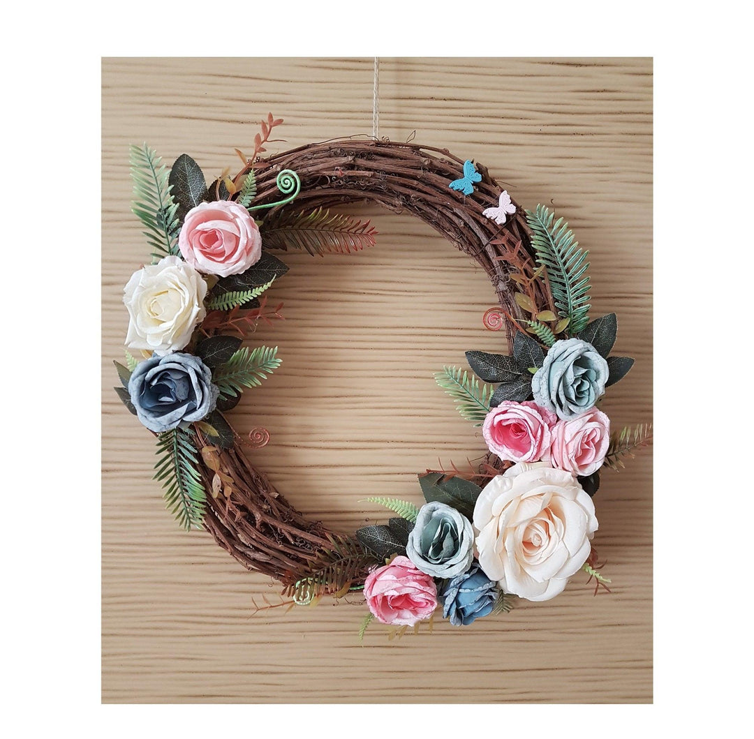 Rose Grapevine Wreath|Year Round Indoor and Outdoor Wreath|Floral Round Door Sign|Unique Faux Flower Wreath|Pink and Blue Rose Wall Decor