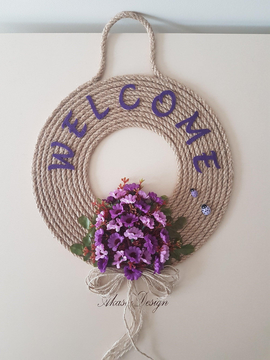 Purple Daisy Welcome Jute Rope Wreath for Front Door with Ladybugs|Personalized Year Round Wreath|Housewarming Purple Sign|Round Wreath