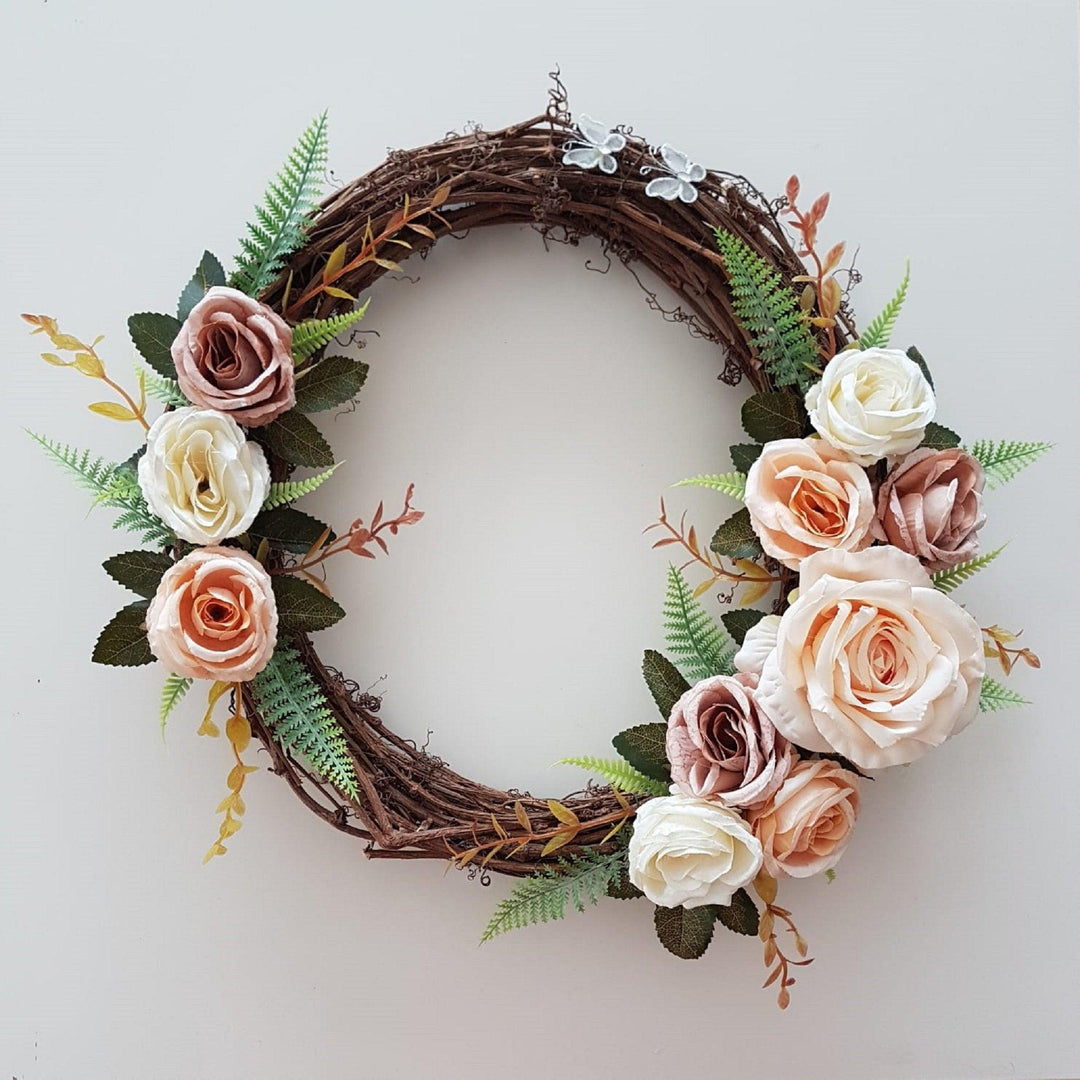 Pinkish Orange Cream Grapevine Welcome Wreath Year Around for Front Door