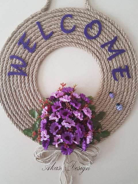 Purple Daisy Welcome Jute Rope Wreath for Front Door with Ladybugs|Personalized Year Round Wreath|Housewarming Purple Sign|Round Wreath