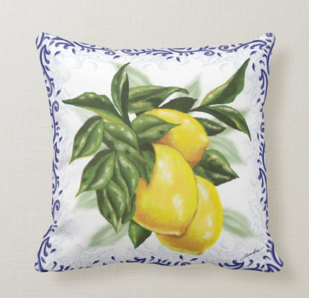 Yellow Lemons with Green Leafage Pillow Cover|Decorative Cushion Case|Home Decor with Lemon|Housewarming Gift|Floral Realtor Gift