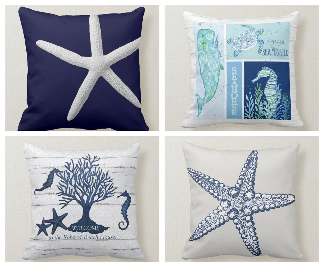 Nautical Pillow Case|Navy Marine Pillow Cover|Decorative Nautical Cushions|Coastal Throw Pillow|Blue Starfish Home Decor|Beach House Decor