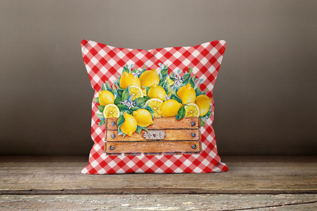 Floral Lemon Throw Pillow Case|Red Checkered Yellow Lemon Pillow Cover|Decorative Cushion Case|Housewarming Lemon Tree Plaid Pillow Case