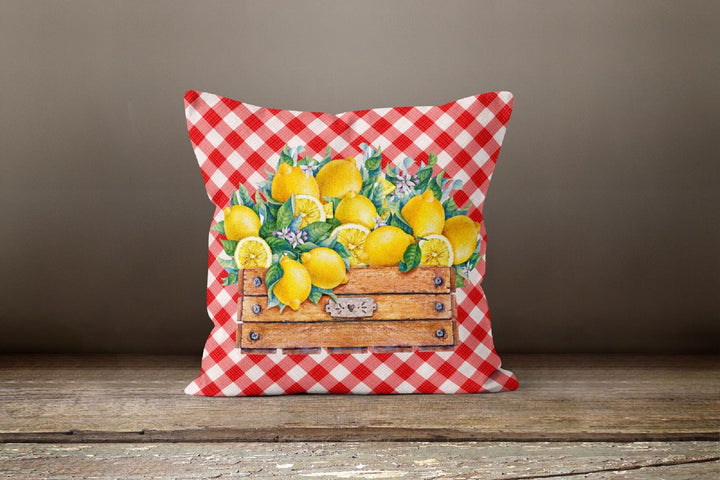 Floral Lemon Throw Pillow Case|Red Checkered Yellow Lemon Pillow Cover|Decorative Cushion Case|Housewarming Lemon Tree Plaid Pillow Case