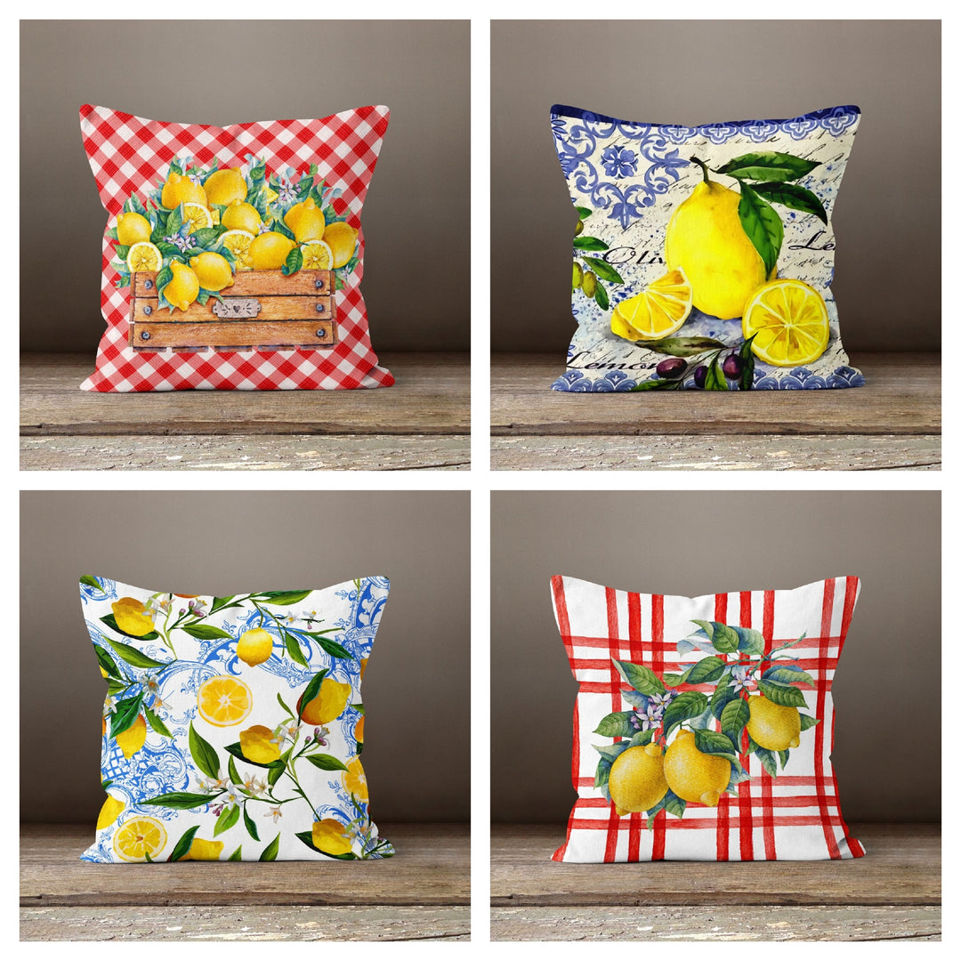 Floral Lemon Throw Pillow Case|Red Checkered Yellow Lemon Pillow Cover|Decorative Cushion Case|Housewarming Lemon Tree Plaid Pillow Case