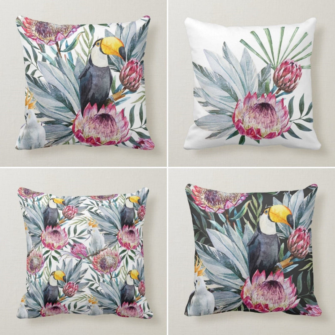 Floral Parrot Pillow Case|Gray and Red Protea Pillow Cover|Tropic Cushion Case|Decorative Pillow Case|Bedding Home Decor|Housewarming Pillow