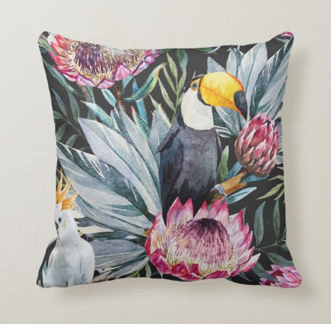 Floral Parrot Pillow Case|Gray and Red Protea Pillow Cover|Tropic Cushion Case|Decorative Pillow Case|Bedding Home Decor|Housewarming Pillow