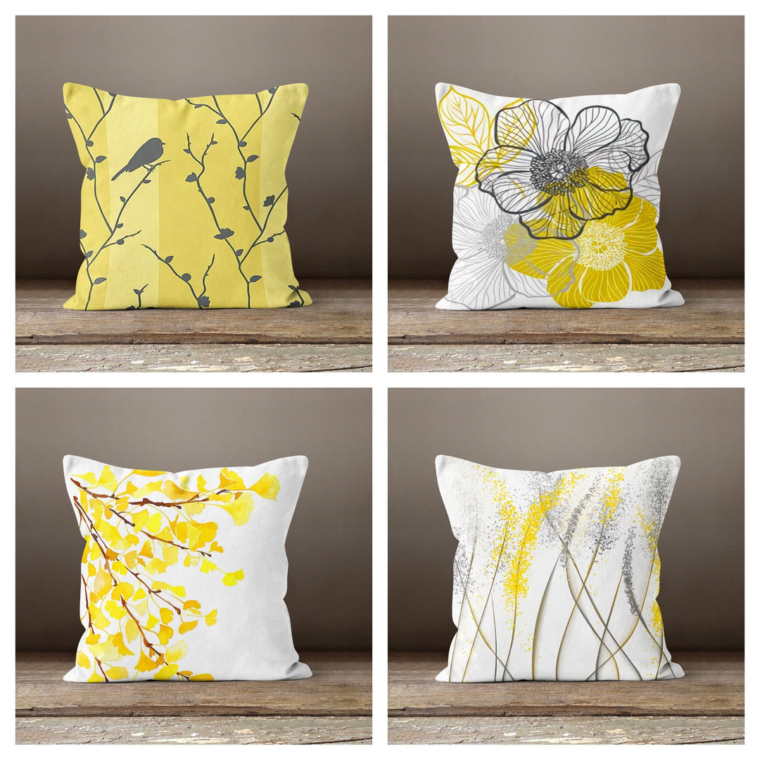 Yellow Floral Pillow Cover|Gray Bird on Tree|Decorative Fall Throw Pillow Top|Boho Bedding Home Decor|Housewarming Autumn Trend Cushion