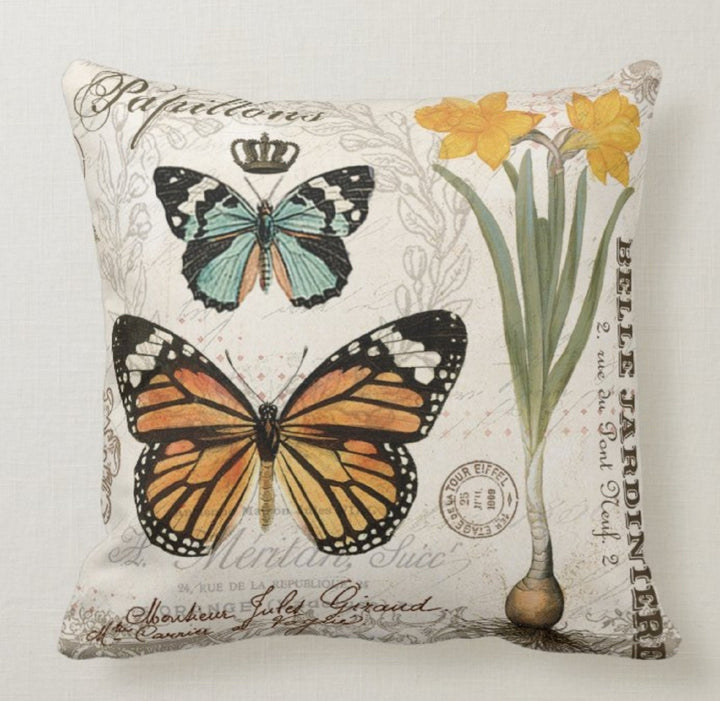 Floral Butterfly Pillow Case|Bird Pillow Cover|Decorative Floral Insect Cushion Case|Housewarming Boho Pillow|Farmhouse Porch Cushion Cover