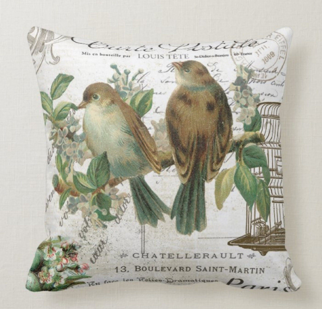 Floral Bird Pillow Case|Bird Cage and Eggs Pillow Cover|Decorative Floral Cushion Case|Housewarming Boho Pillow|Farmhouse Porch Cushion Case