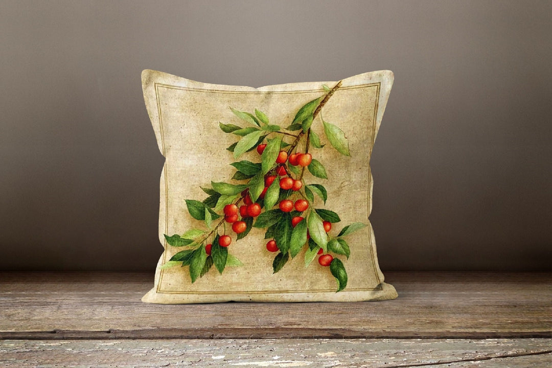 Cherry Pillow Cover|Red Floral Sour Cherry Cushion Case|Decorative Throw Pillow Top|Boho Bedding Decor|Rustic Housewarming Throw Pillow Case