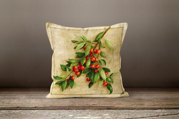 Cherry Pillow Cover|Red Floral Sour Cherry Cushion Case|Decorative Throw Pillow Top|Boho Bedding Decor|Rustic Housewarming Throw Pillow Case