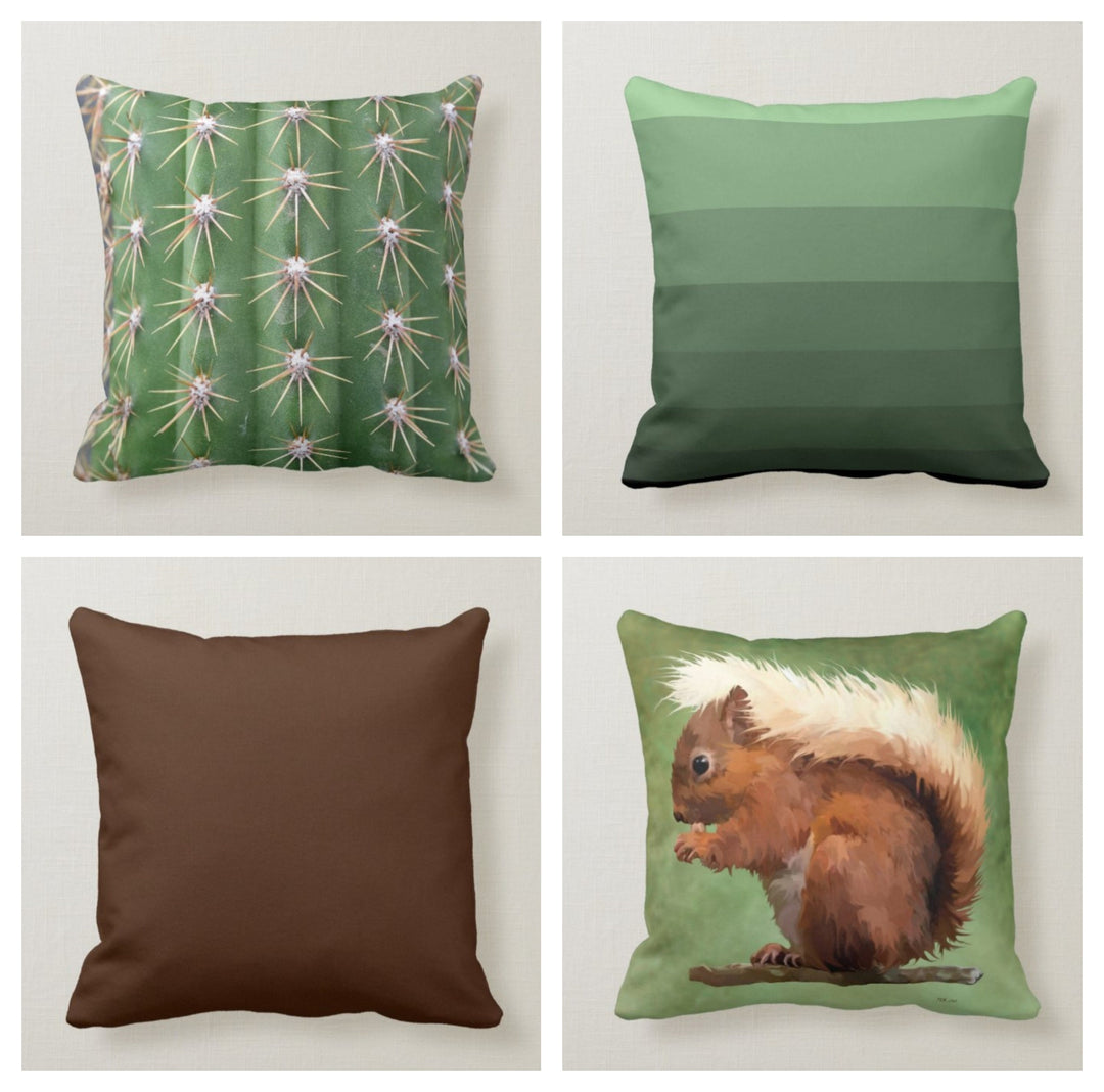 Squirrel Pillow Case|Green Cactus Cushion Cover|Decorative Brown Pillow Cover|Rustic Housewarming Decor|Farmhouse Style|Sweet Home Decor