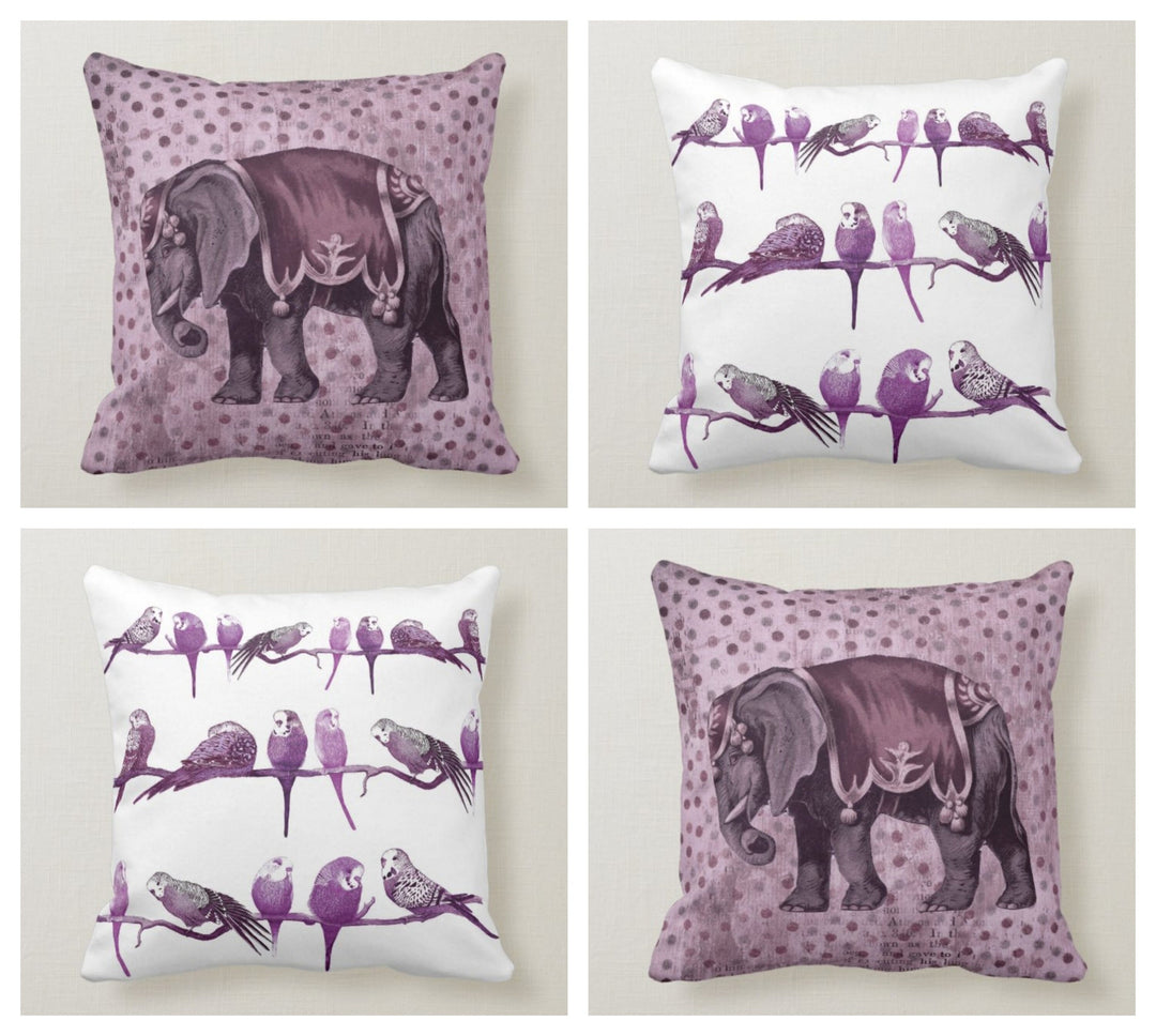 Purple Animals Pillow Case|Purple Birds and Elephant Pillow Cover|Decorative Cushion Case|Housewarming Boho Pillow|Farmhouse Porch Cushion