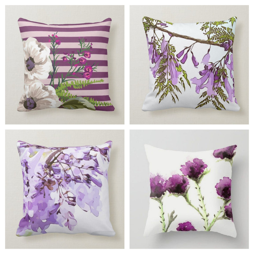 Purple Floral Pillow Cover|Watercolor Cushion Case|Decorative Throw Pillow Case|Bedding Home Decor|Housewarming Farmhouse Style Pillow Case