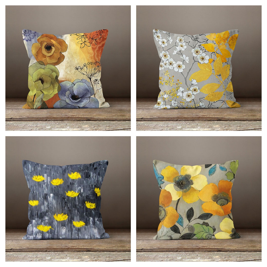 Floral Pillow Cover|Watercolor Cushion Case|Decorative Throw Pillow|Boho Bedding Home Decor|Housewarming Farmhouse Style Yellow Gray Pillow