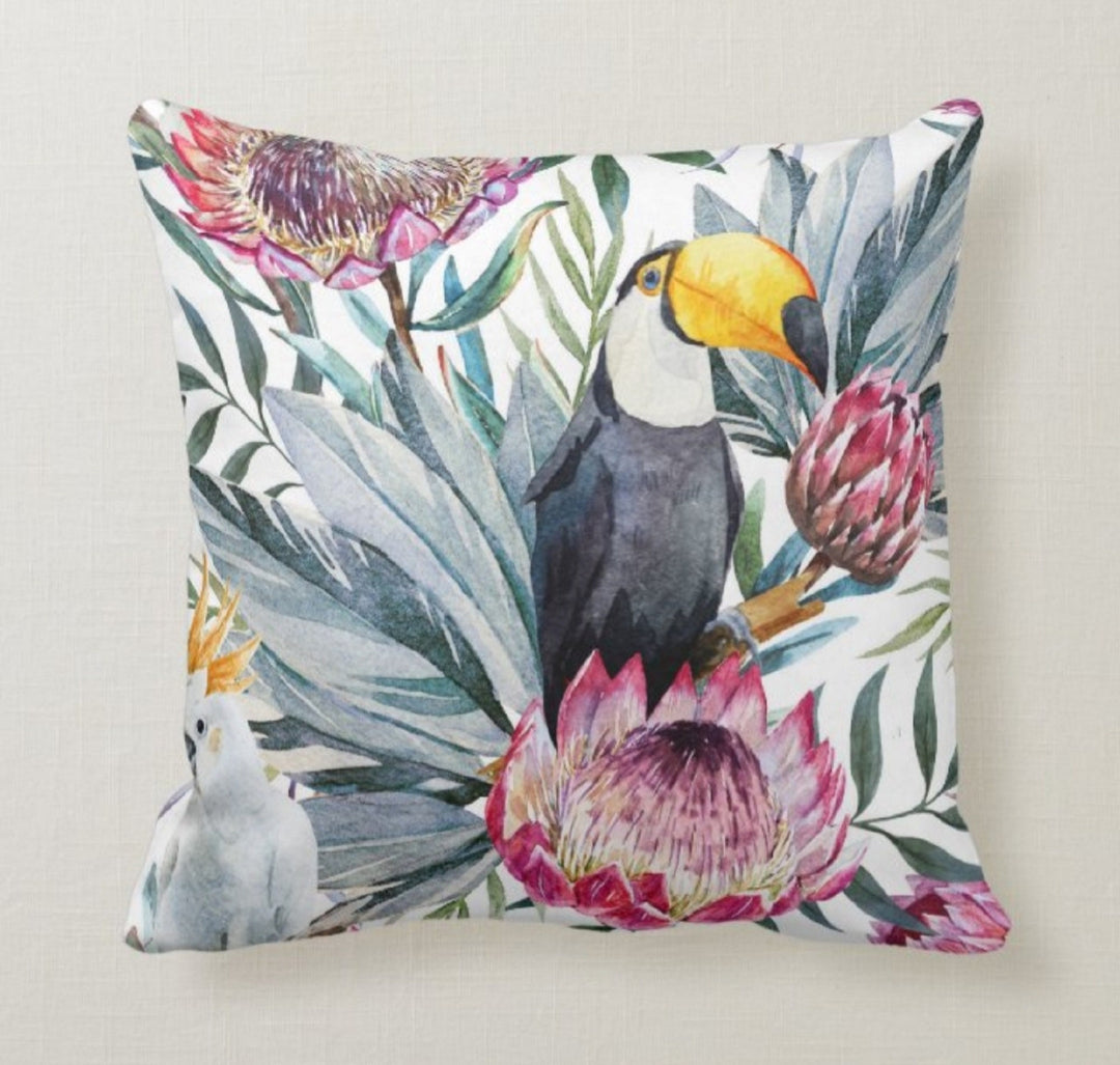 Floral Parrot Pillow Case|Gray and Red Protea Pillow Cover|Tropic Cushion Case|Decorative Pillow Case|Bedding Home Decor|Housewarming Pillow