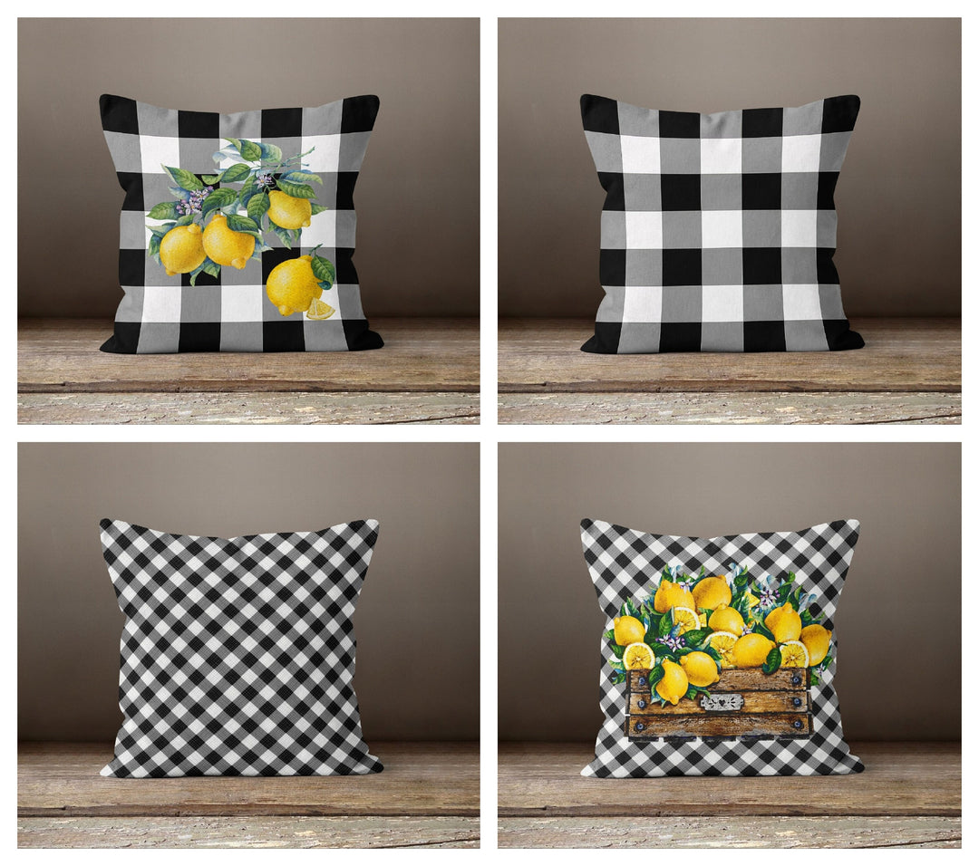 Floral Lemon Check Pillow Case|Black Gray White Checkered Pillow Cover|Decorative Cushion|Housewarming Farmhouse Buffalo Plaid Throw Pillow