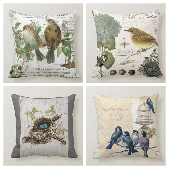 Floral Bird Pillow Case|Bird Cage and Eggs Pillow Cover|Decorative Floral Cushion Case|Housewarming Boho Pillow|Farmhouse Porch Cushion Case