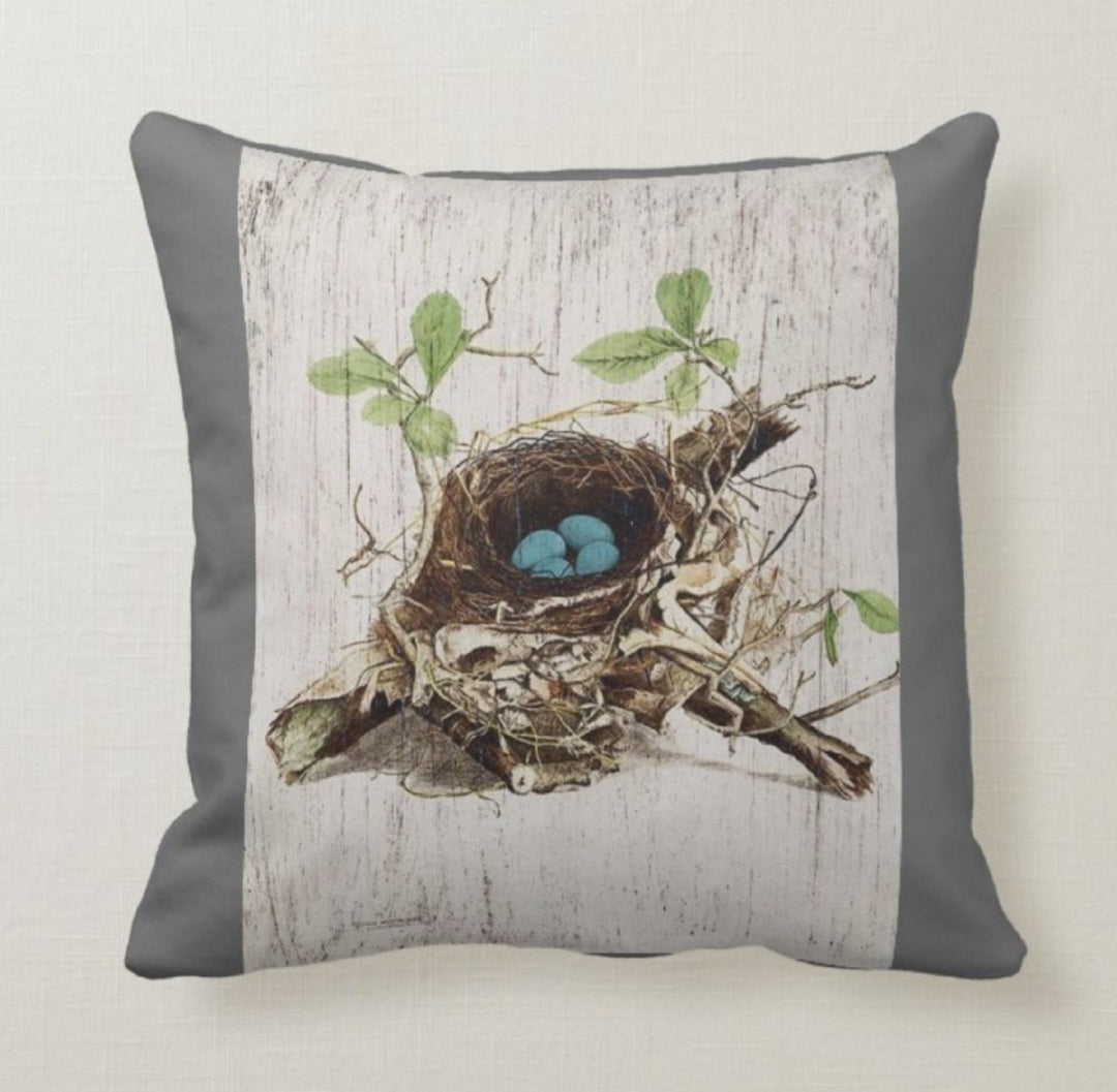 Floral Bird Pillow Case|Bird Cage and Eggs Pillow Cover|Decorative Floral Cushion Case|Housewarming Boho Pillow|Farmhouse Porch Cushion Case