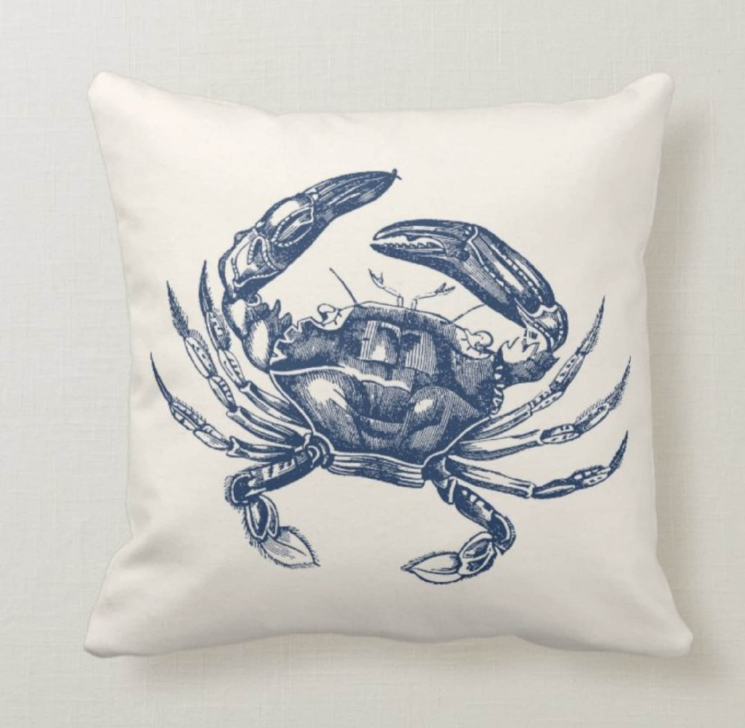 Beach House Pillow Case|Navy Marine Pillow Cover|Nautical Blue Gray Cushion|Seaweed Throw Pillow|Octopus Crab Home Decor|Porch Pillow Case