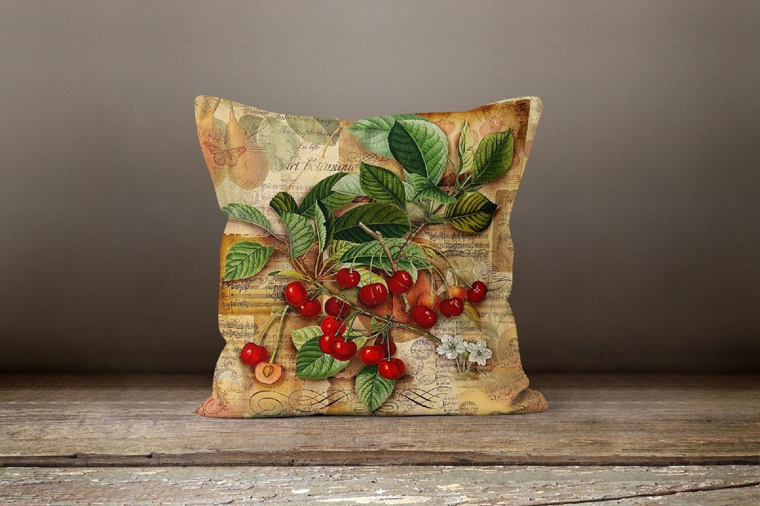 Cherry Pillow Cover|Red Floral Sour Cherry Cushion Case|Decorative Throw Pillow Top|Boho Bedding Decor|Rustic Housewarming Throw Pillow Case