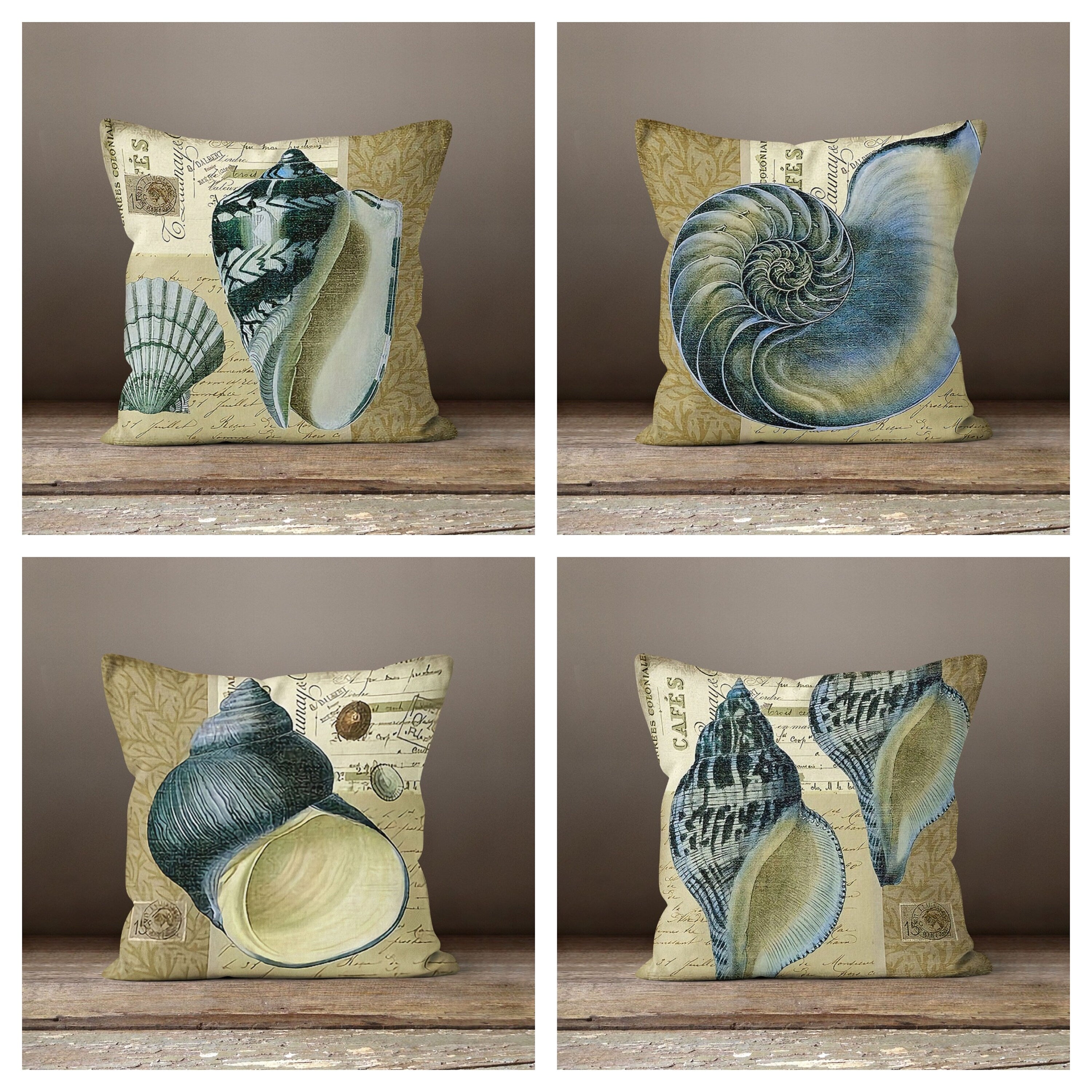 Blue Gray Beige Seashell Pillow Case 3 18x18 both sided