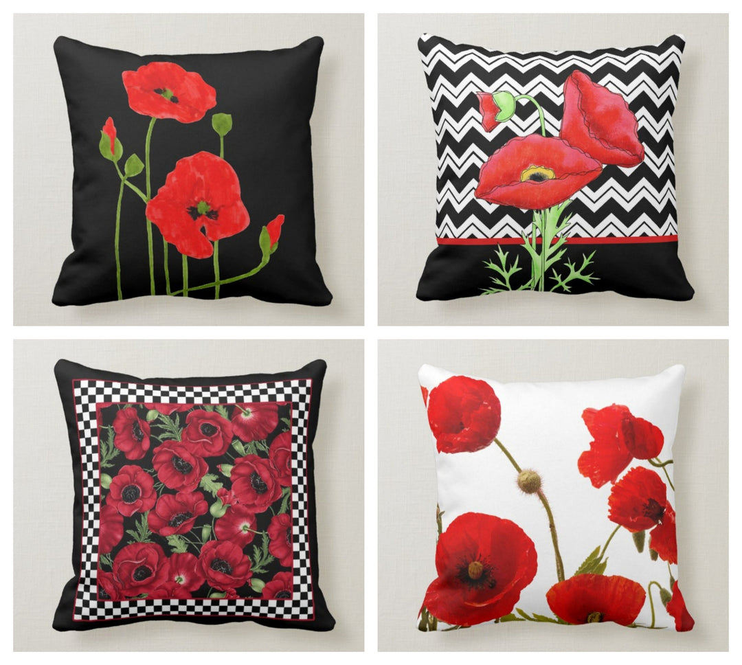 Red Poppy Pillow Cover|Red Floral Cushion Case|Decorative Throw Pillow Top|Boho Bedding Home Decor|Rustic Housewarming Farmhouse Pillow Case