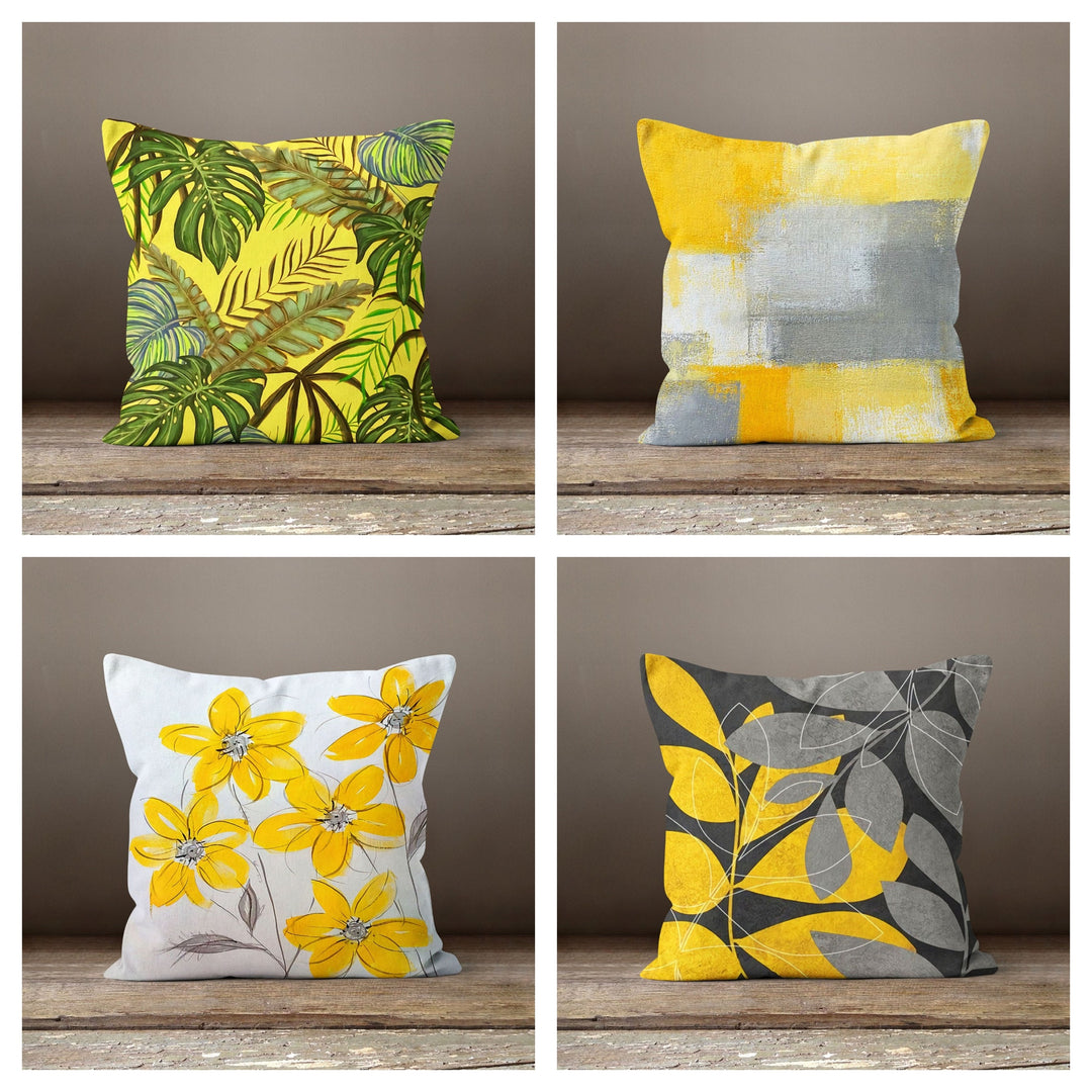 Yellow Floral Pillow Cover|Gray Green Leaf Bedding Home Decor|Decorative Throw Pillow|Housewarming Farmhouse Cushion Case|Throw Pillow Case