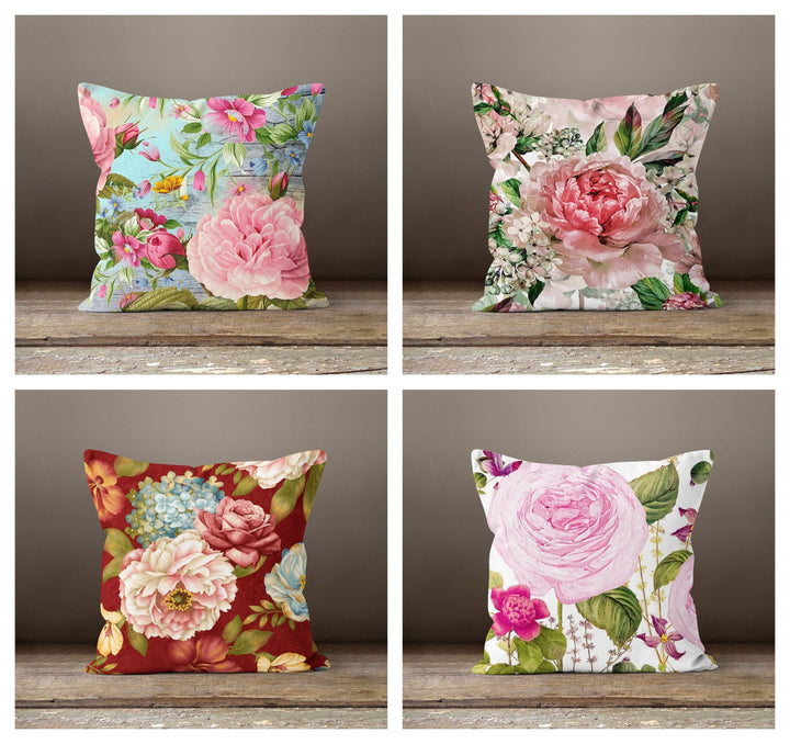 Pink Floral Pillow Cover|Red Rose Cushion Case|Decorative Throw Pillow Case|Pink Rose Home Decor|Housewarming Cushion Cover|Porch Pillow Top