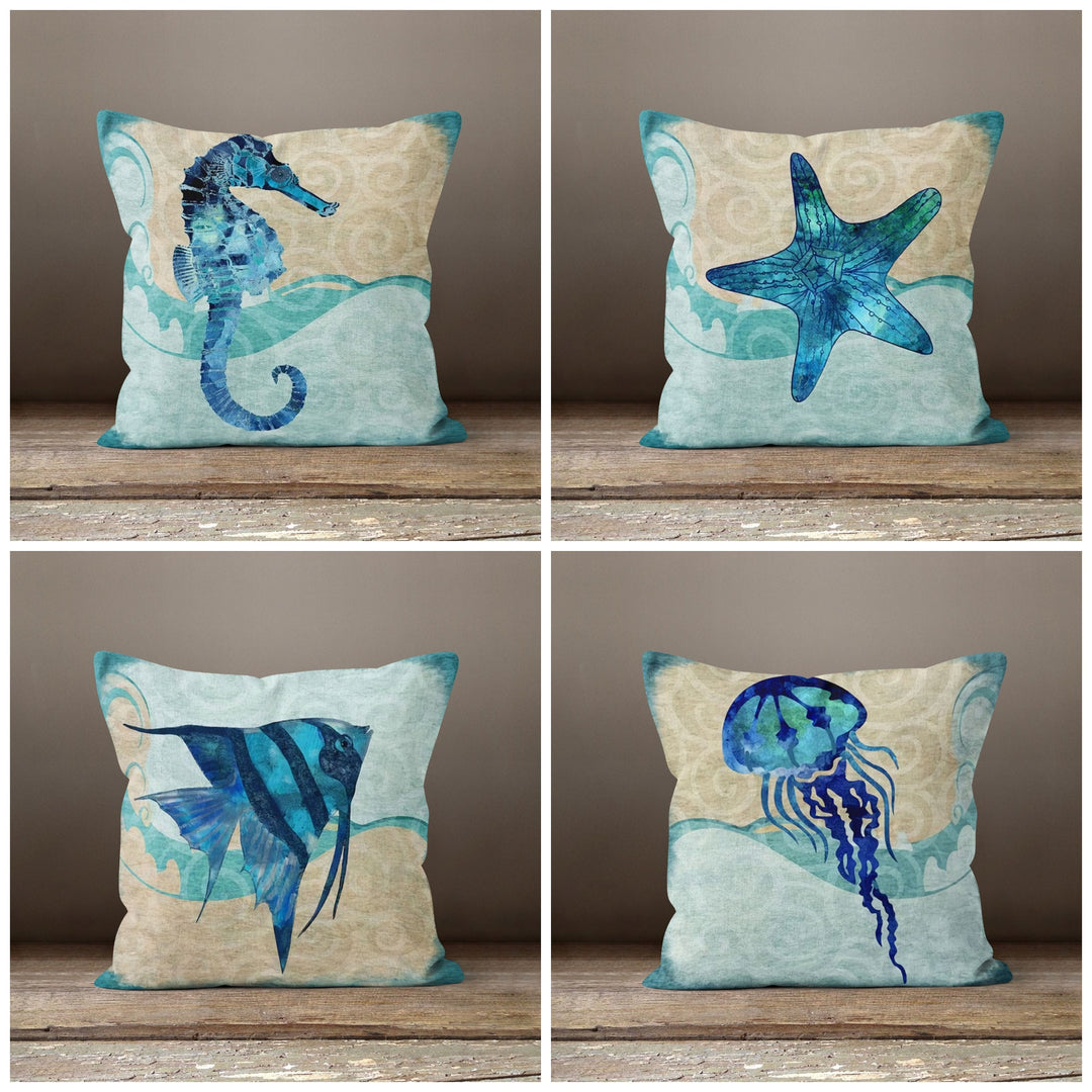 Nautical Pillow Case|Navy Blue Marine Pillow Cover|Decorative Turquoise Cushions|Coastal Throw Pillow|Starfish Home Decor|Beach Houses Decor